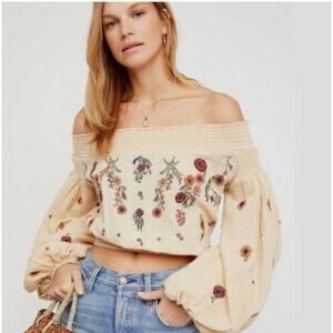 Free People Saachi Embroidered Off The Shoulder Top Sz S